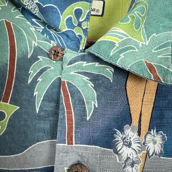 Tommy Bahama Shirt Mens Medium Blue Green Camp Hawaiian Hula Pinup Girls Buttons - Picture 8 of 13